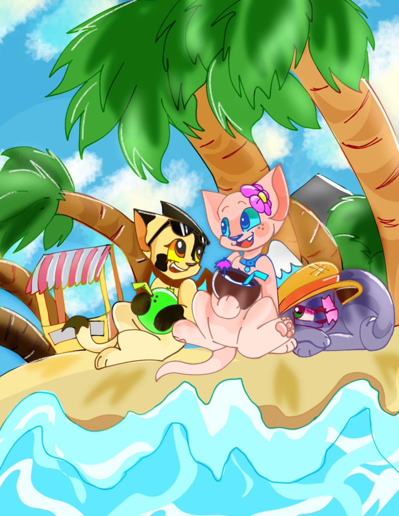 Goldie and two other characters relaxing beneath palm trees on a tropical beach